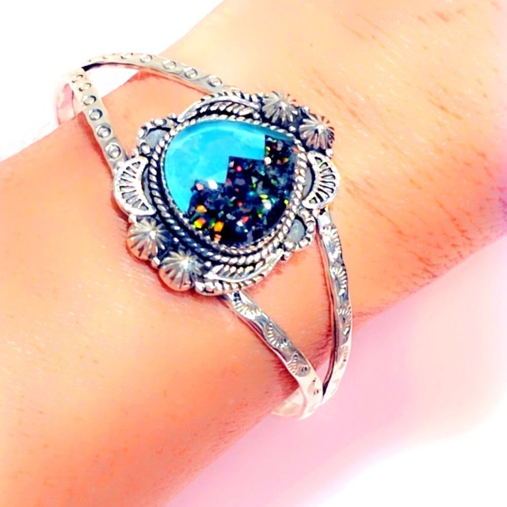 Galaxy Opal & Turquoise Inlay Sterling Bracelet Cuff
